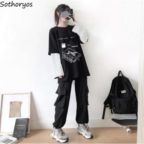 Women Sets Loose Patchwork Printed Tops Cargo Trousers 2 Pieces Street-wear Hip-pop Leisure Trendy All-match Korean Oversize BF