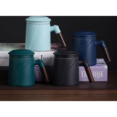 Large capacity wooden handle mug with filter,Milk Juice Lemon Mug Coffee Tea Cup Home Office Drinkware Valentines Day Gift