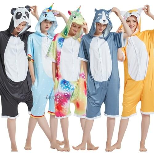 Summer Cartoon Kigurumi Pajamas Animal Pyjamas Women Unicorn Onesies For Adults Sleepwear Jumpsuit Hooded Cat Fox Panda Pijamas