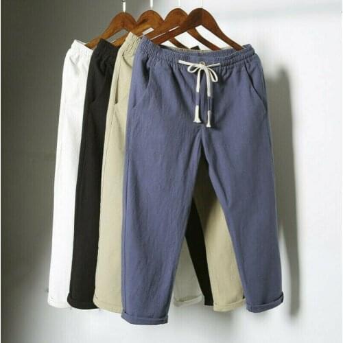 Men Linen Cotton Harem Pants Soft Loose Cropped Trousers Baggy Drawstring Casual