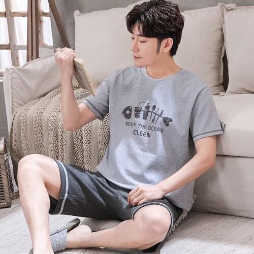 Mens Pajamas Set Summer Casual Gray Short-sleeve Cotton Nightwear Simplicity Fashion Fish Bones Print Plus Size Male Sleepwear