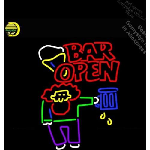 NEON SIGN For Double Stroke Bar Open With Man And Mug neon Light Sign Shops Display Pub Bar Signs Advertisement Sign Lighting