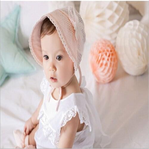 2021 New Spring Summer Sweet Princess Hollow Baby Girls Hat Lace-up Beanie Cotton Bonnet Infant Kids Flower Beanie Lace Floral