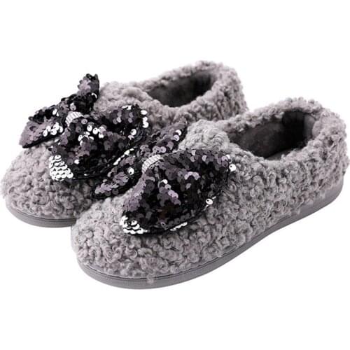 Bow Plush slippers women men Home Slippers Cute Animal warm Soft Comfortable grey Woman Slipper Ladies House Slippers winter