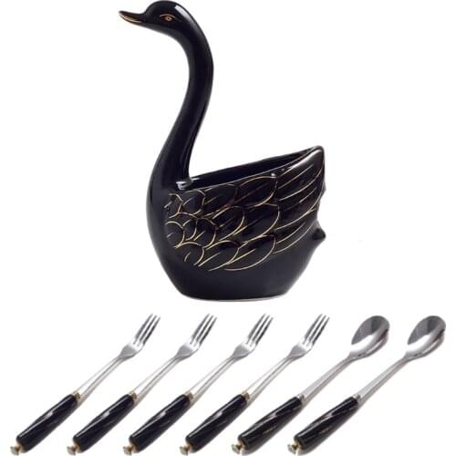 Portable Cutlery Set Tableware 2 Spoon 4 Fork with Ceramic Swan Stand Holder Dinnerware Kitchen Dinner Set Cake Dessert