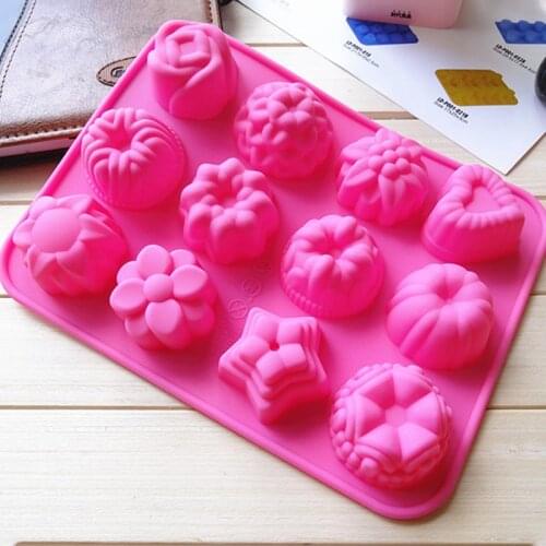 3D Silicone Mould 12 holes Flowers Form For 3D Muffin Bakeware Rubber Baking Mold Cake Chocolate Egg Tart Decor