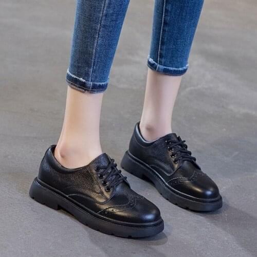Meotina Shoes Women Natural Genuine Leather Flat Platform Shoes Cross Tied Round Toe Footwear Female Dress Shoes Spring Black 43