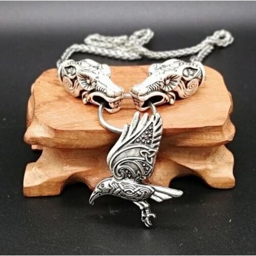 Vintage Odins Wolf Head With Flying Raven Pendant Nordic Viking Keltic Knot Rune Amulet Necklace