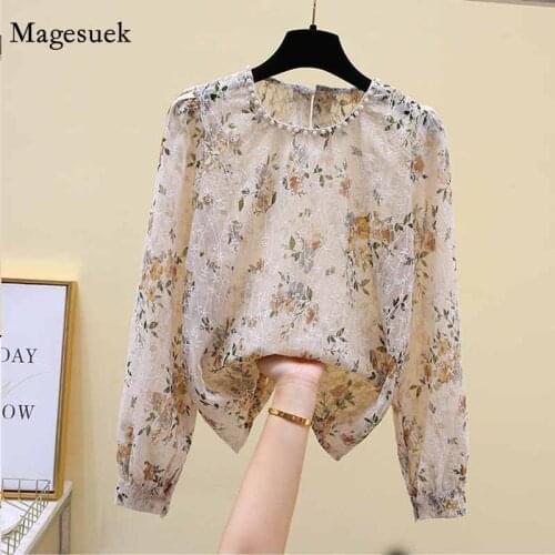 O-neck Vintage Embroidery Blouse Women Printed Ladies Tops Long Sleeve Beading Chiffon Blouse Korean Clothes Ropa De Mujer 11929