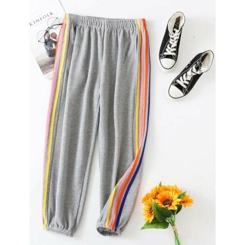 Plus size Side Stripe Elastic waist women loose cotton pants 2021 new spring autum casual ladies soft sports pants female