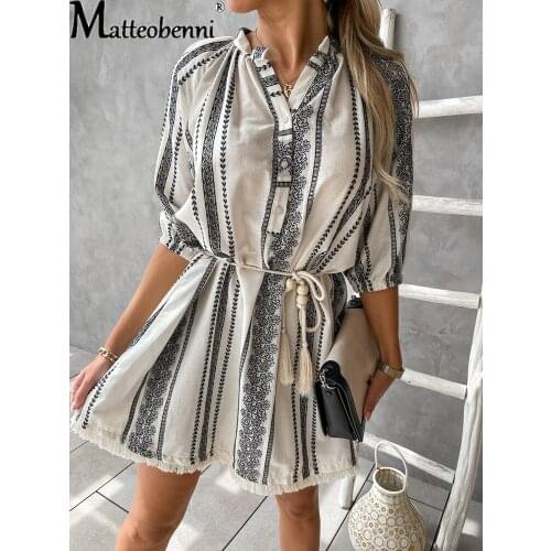 2021 Summer Women Fashion Print Tassel Drawstring Dress Cotton Striped V Neck Female Mini Dress Half Sleeves Ladies Short Dress