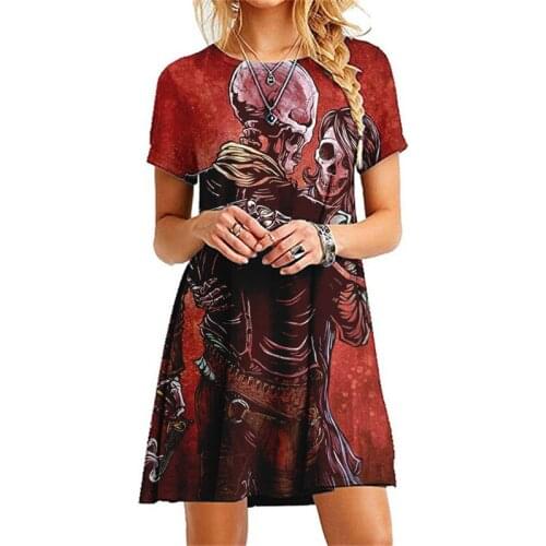 Women Halloween 3d Skull Scary Dresses Summer 2021 Casual Short Sleeve O-neck Lady Loose Dress Vintage Mini Short Dress Vestidos