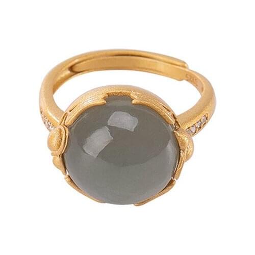 S925 sterling silver gold-plated natural Hetian smoke mauve jade pendant retro simple gourd Womens Open ring