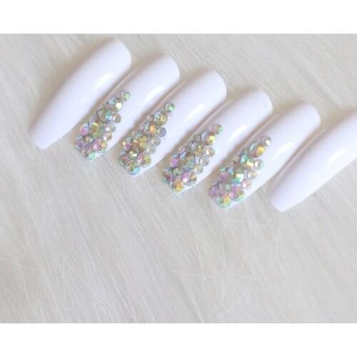 24pcs high-end fashion handmade crystal diamond long flat false nails sexy white