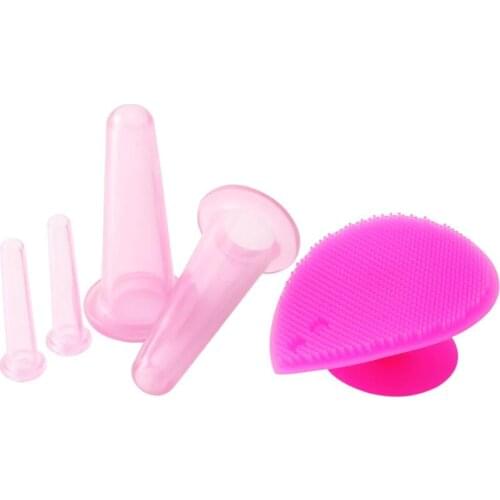 5pcs/set Silicone Face Cupping Cups Jar Vacuum Cans Facial Lifting Body Eye Back Massage+Cleansing Brush Anti-cellulite Massager