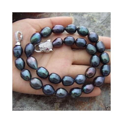 AAA 13MM NATURAL SOUTH SEA BAROQUE BLACK PEARL NECKLACE 18 INCH Leopard Clasp