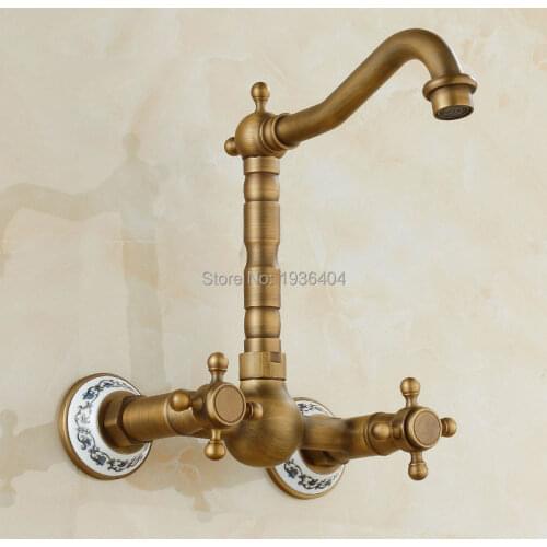 Antique Copper Double Handle Wall Mounted 360 Degree Swivel Faucets Kitchen Mixer Faucets with Ceramic Crane AF1090