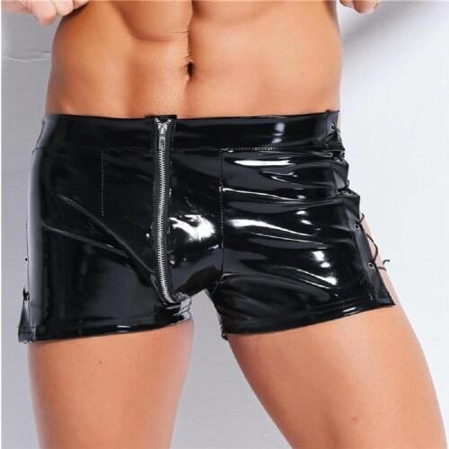Men Lingerie Trunks Shorts Male Latex PVC Open Crotch Zipper Boxers Shorts Fetish Gay Faux Leather Lace Up Short Pants Clubwear