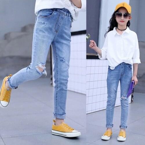 4-12years old Fashion hole childrens jeans spring girls casual loose fashion hole jeans childrens pencil pants