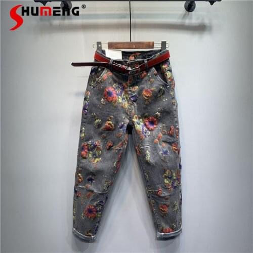 2021 Spring Autumn European Ethnic Style Plus Size Printed Jeans Retro Loose Ankle-Tied Harem Trousers Fashionable Denim Pants