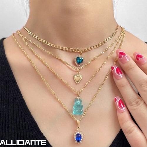 Blue Transparent Resin Bear Crystal Heart Pendant Choker Necklace For Women Multilayer Clavicle Chain Necklace Wholesale Jewelry