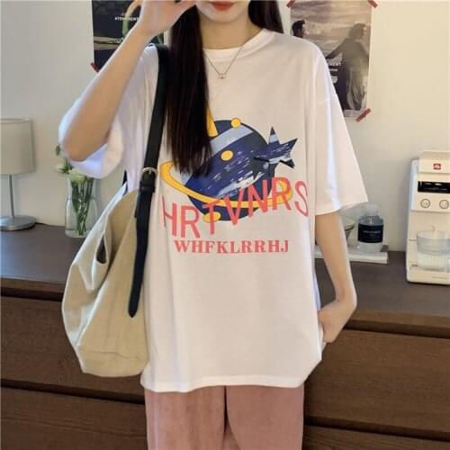 Summer college style cartoon print half-sleeved mid-length loose cotton T-shirt all-match casual women