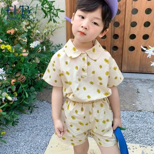 Humor Bear Girl Clothes Set Summer Lapel Button New Short Sleeve Tops+Shorts 2pcs Outfits Casual Kids Clothes