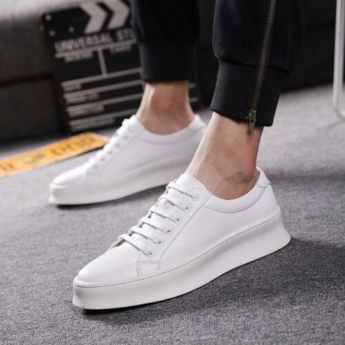 Korean style men casual breathable genuine leather shoes lace-up flats shoe red black white platform sneakers handsome footwear
