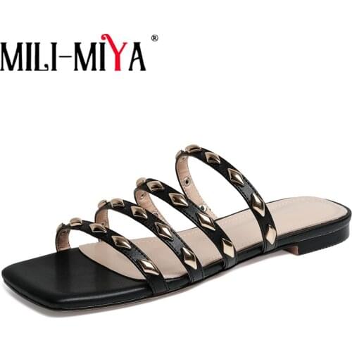 MILI-MIYA Summer Genuine Leather Flat Gladiator Sandals Women Rivet Slippers Anti Slip Square Peep Toe Dress Large Size 34-43