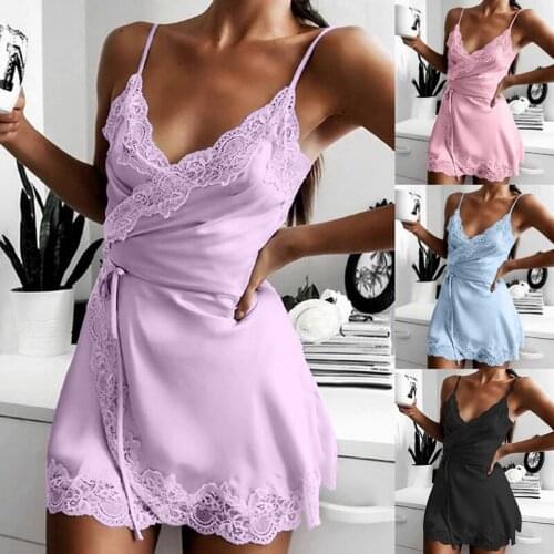 Fashion Sexy Sleepwear Women Lace Silk Satin Night Dress Sleeveless Nighties V-neck Nightgown Plus Size 3XL Nightdress Nightwear