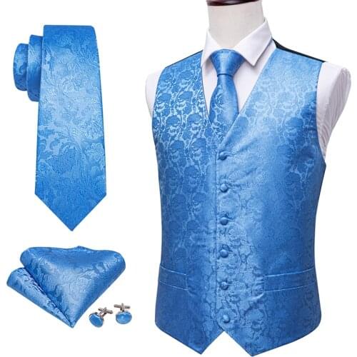 2020 New Dress Blue Floral V-neck Suit for Men Formal Waistcoat Necktie Cufflinks Handkerchief Set Silk Vests Barry.Wang SJ-2022