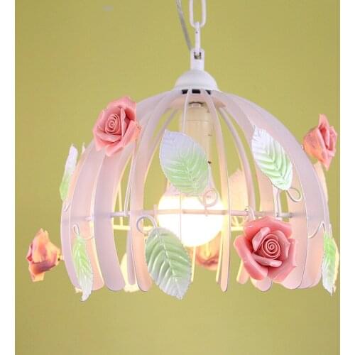 Pastoral romantic style Korean wrought iron pendant light pink rose flower bedroom dining room hanging lighting lamp