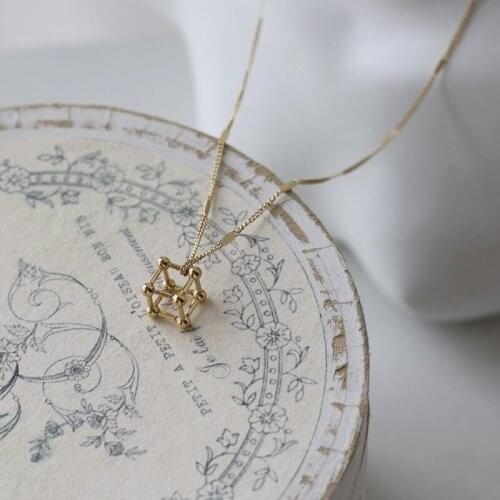 CHUANGU 14K Geometric Cube Necklace pendants Clavicle Chain Gold Hollow Cube Pendant Necklace For Women Jewellry