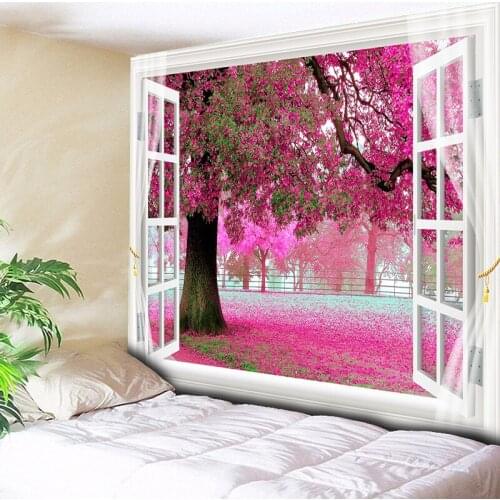 Romantic Big Tree Pink Flower Wall Hanging Tapestries Bohemian Wall Carpet Tapestry Couch Blanket Home Decor Outside the Windows