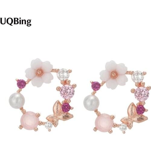 Fashion Luxury Elegant Pearl Crystal Shell Flower 925 Sterling Silver Stud Earrings Beautiful Jewelry