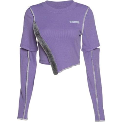 Women slim outdoor running long sleeve round neck fashion splicing Yoga irregular navel exposed T-shirt personalized fitness top