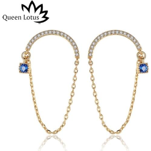 Queen Lotus Korean Style Semicircle Stud Earrings for Women Personality Chain Square Crystal Earrings Jewelry Accessories Party