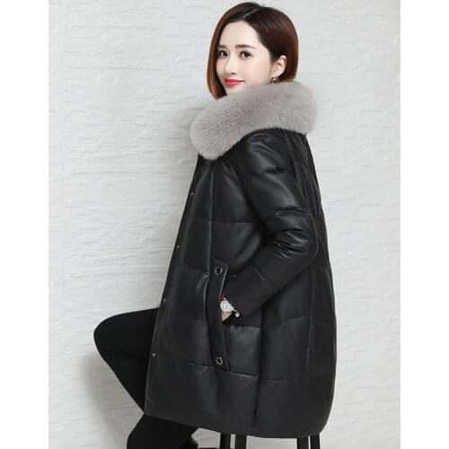 Women 2021 Winter Fashion PU Leather Parkas Female Solid Faxu Leather Coats Ladies Fur Collar Thick Cotton Loose Outerwear U390