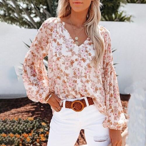 Autumn Elegant Boho Floral Print Chiffon Blouse Lady Fashion Lantern Sleeve V-neck Slim Plus Size Tops Women 2021Blusas De Mujer