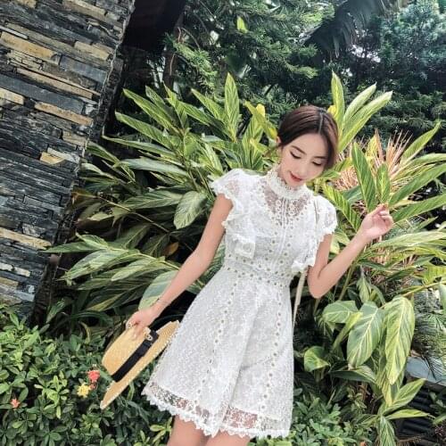 Womens Summer Womens New Temperament Retro Short Ruffle Sleeve Travel Holiday Cut-out White Lace Dress