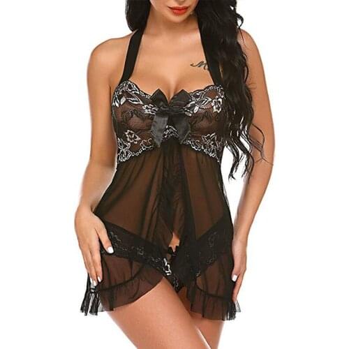 Plus size night dress lace womens sleepwear push up bow nightgown v-neck lingerie mini dress black porno see-though gowns