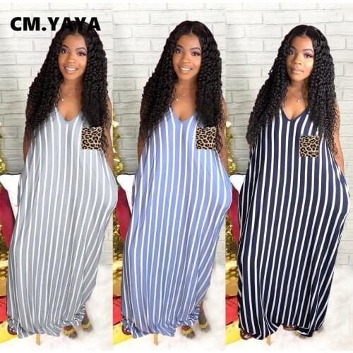 CM.YAYA Plus Size Sleeveless Spaghetti Strap Long Straight Striped Women Dress with Pocket Floor-length Maxi Dresses Summer 2021