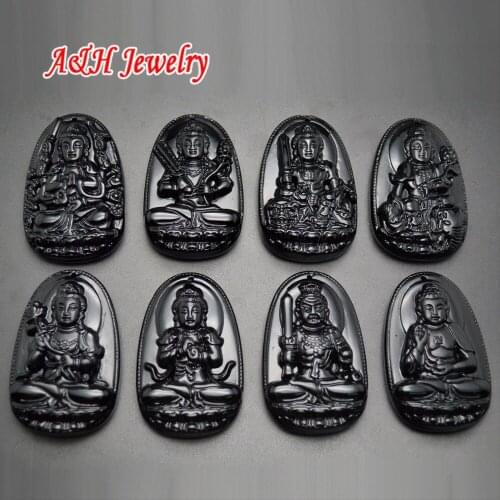 1PC Natural Black Obsidian Fine Carved Chinese Buddha Stone Pendants Fashion Women Jewelry Necklace Making Materials
