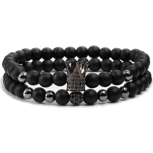 2Pcs/set Hot Bracelets For Women Natural 6mm Black Matte Stone Pave CZ Imperial Crown Copper Beads Bangles Men Jewelry Pulseira