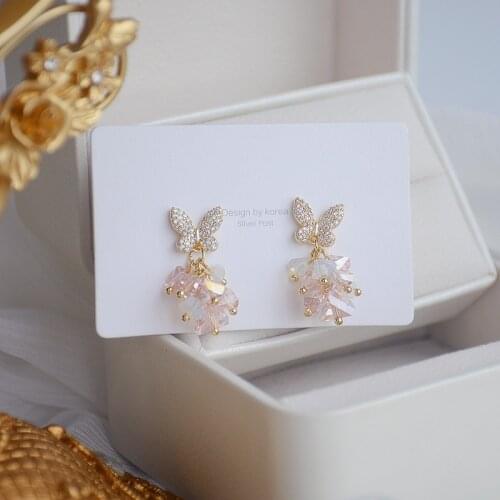 2021 New Arrival Delicate Jewelry 14K Real Gold Plated Butterfly Stud Earrings Cubic Zircon Pink Crystal Beads Earrings