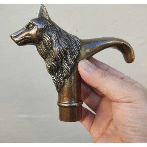 Antique Victorian Walking Stick With Bronze Gun Head Holding Dog Wild Wolf