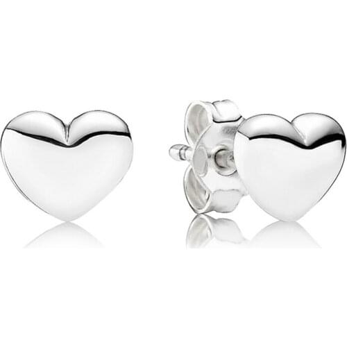 Authentic 925 Sterling Silver Simple Hearts Europe Stud Earrings For Fashion Women Bead Charm Gift DIY Jewelry