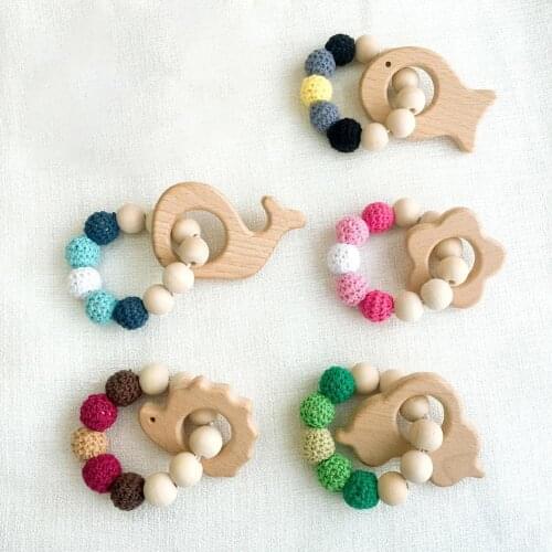 Wooden Beads Ring Baby Fish Whale Flower Teether Safety Chewing Chain Bracelet Band Toy