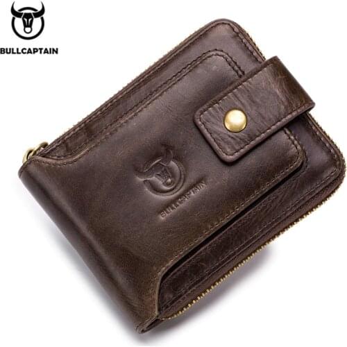 BULLCAPTAIN Functional Genuine Leather Men Wallets RFID Wallet Male Organizer Coin Purse Pockets Slim Zipper Wallet Card Holder