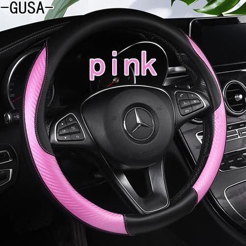 GUSA Black & Pink Steering Wheel Cover PU Leather M Size Women Cute Anti-Slip Breathable Protector for Auto/SUV